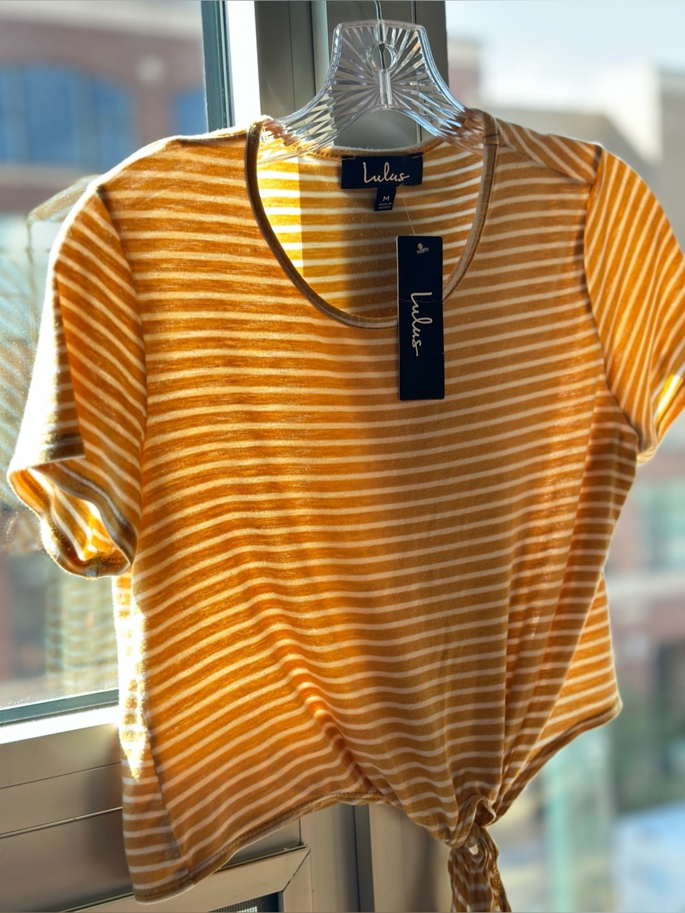 NWT - Lulu’s “Take the Lead” Women’s Yellow Striped Tie-Front Crop Top (Size: M)